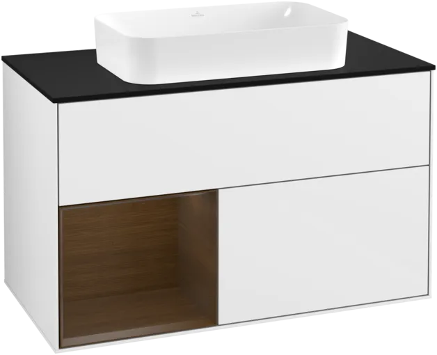 VILLEROY BOCH Toaletní skříňka Finion, s osvětlením, 2 výsuvy, 1000 x 603 x 501 mm, lesklý bílý lak / ořechová dýha / černé matné sklo #F242GNGF