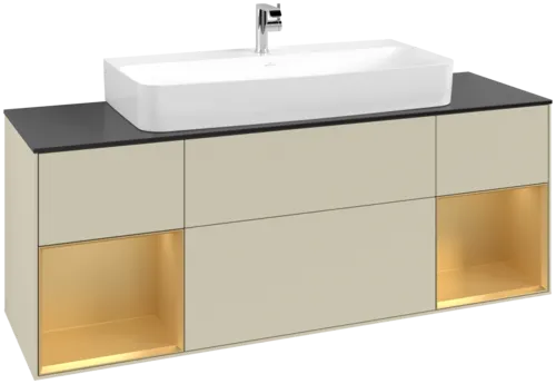 VILLEROY BOCH Toaletní skříňka Finion, s osvětlením, 4 výsuvy, 1600 x 603 x 501 mm, Silk Grey Matt Lacquer / Gold Matt Lacquer / Glass Black Matt #F212HFHJ