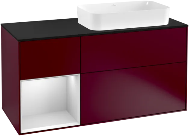 VILLEROY BOCH Toaletní skříňka Finion, s osvětlením, 3 výsuvy, 1200 x 603 x 501 mm, matný lak Peony / bílý matný lak / černé matné sklo #F272MTHB