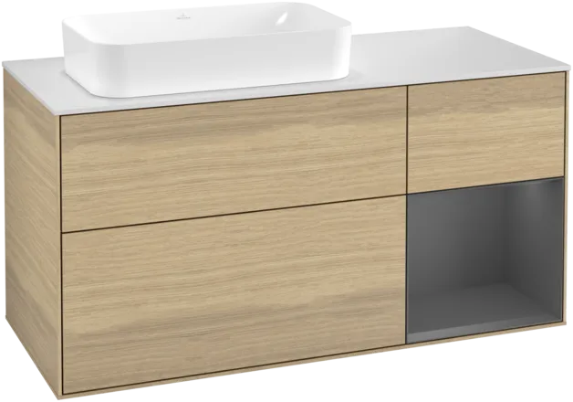 VILLEROY BOCH Toaletní skříňka Finion, s osvětlením, 3 výsuvy, 1200 x 603 x 501 mm, dubová dýha / antracitový matný lak / bílé matné sklo #F281GKPC