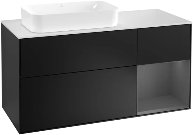 VILLEROY BOCH Toaletní skříňka Finion, s osvětlením, 3 výsuvy, 1200 x 603 x 501 mm, černý matný lak / antracitový matný lak / bílé matné sklo #F281GKPD