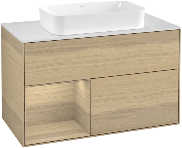 VILLEROY BOCH Toaletní skříňka Finion, s osvětlením, 2 výsuvy, 1000 x 603 x 501 mm, dubová dýha / dubová dýha / sklo bílé matné #F241PCPC