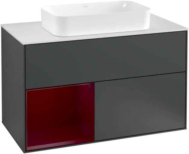 VILLEROY BOCH Toaletní skříňka Finion, s osvětlením, 2 výsuvy, 1000 x 603 x 501 mm, Midnight Blue Matt Lacquer / Peony Matt Lacquer / Glass White Matt #F241HBHG