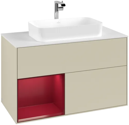 VILLEROY BOCH Toaletní skříňka Finion, s osvětlením, 2 výsuvy, 1000 x 603 x 501 mm, Silk Grey Matt Lacquer / Peony Matt Lacquer / Glass White Matt #F241HBHJ