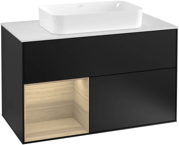 VILLEROY BOCH Toaletní skříňka Finion, s osvětlením, 2 výsuvy, 1000 x 603 x 501 mm, černý matný lak / dubová dýha / sklo bílé matné #F241PCPD