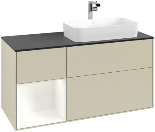 VILLEROY BOCH Toaletní skříňka Finion, s osvětlením, 3 výsuvy, 1200 x 603 x 501 mm, Silk Grey Matt Lacquer / White Matt Lacquer / Glass Black Matt #F272MTHJ