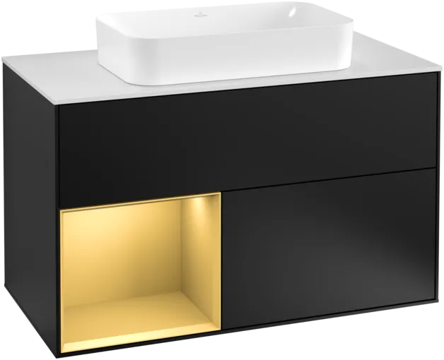 VILLEROY BOCH Toaletní skříňka Finion, s osvětlením, 2 výsuvy, 1000 x 603 x 501 mm, černý matný lak / zlatý matný lak / bílé matné sklo #F241HFPD