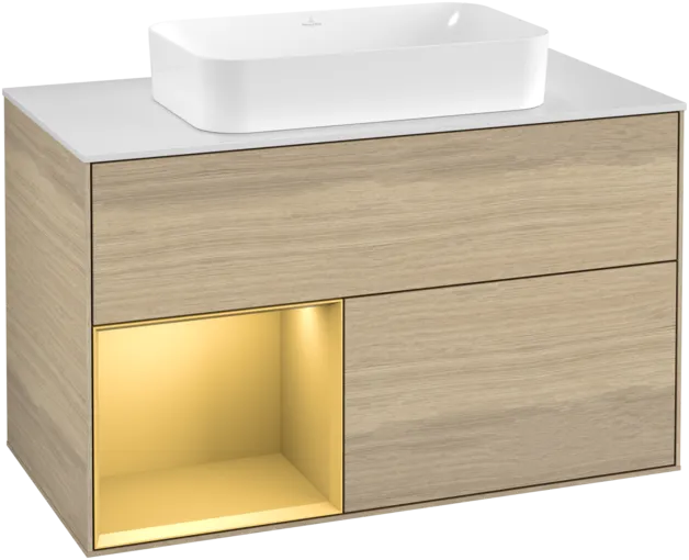 VILLEROY BOCH Toaletní stolek Finion, s osvětlením, 2 výsuvy, 1000 x 603 x 501 mm, dubová dýha / zlatý matný lak / sklo bílé matné #F241HFPC