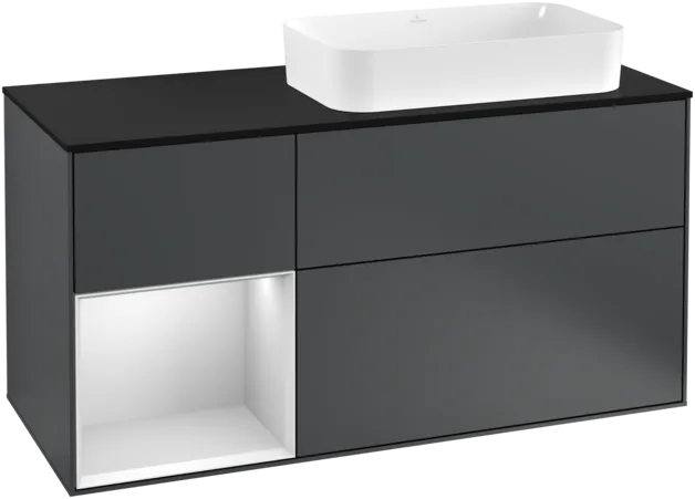 VILLEROY BOCH Toaletní skříňka Finion, s osvětlením, 3 výsuvy, 1200 x 603 x 501 mm, Midnight Blue Matt Lacquer / White Matt Lacquer / Glass Black Matt #F272MTHG