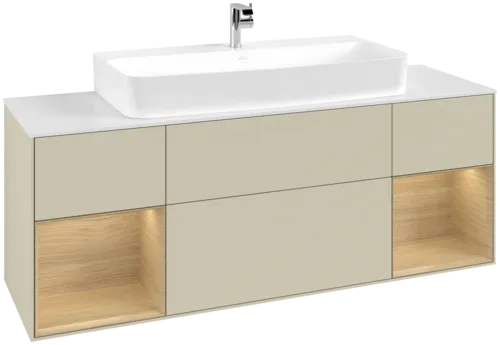 VILLEROY BOCH Toaletní skříňka Finion, s osvětlením, 4 výsuvy, 1600 x 603 x 501 mm, hedvábně šedý matný lak / dubová dýha / sklo bílé matné #F211PCHJ