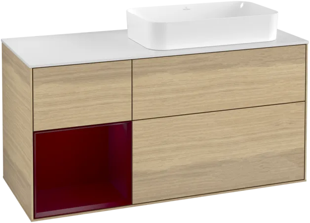 VILLEROY BOCH Toaletní skříňka Finion, s osvětlením, 3 výsuvy, 1200 x 603 x 501 mm, dubová dýha / matný lak Pivoňka / matné bílé sklo #F271HBPC