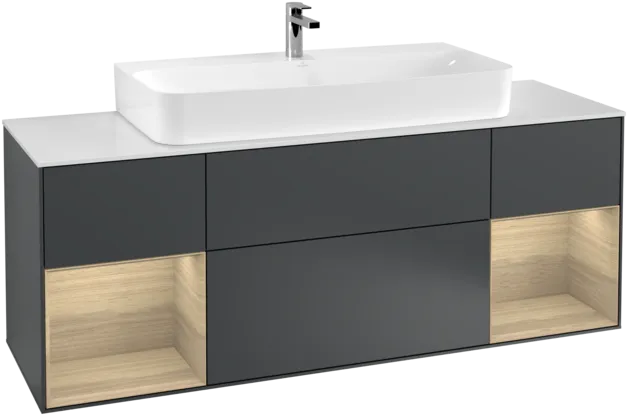 VILLEROY BOCH Toaletní skříňka Finion, s osvětlením, 4 výsuvy, 1600 x 603 x 501 mm, matný lak Midnight Blue / dubová dýha / matné bílé sklo #F211PCHG
