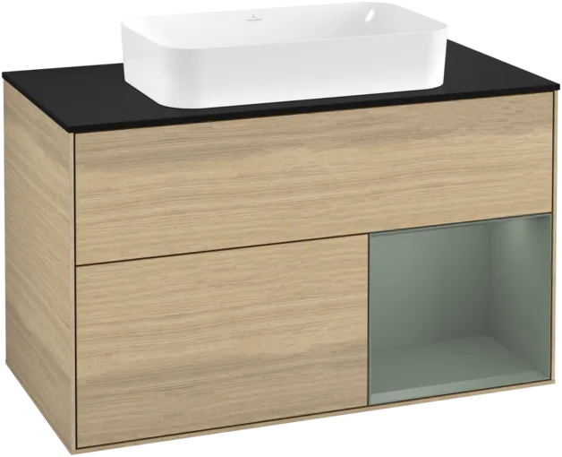 VILLEROY BOCH Toaletní skříňka Finion, s osvětlením, 2 výsuvy, 1000 x 603 x 501 mm, dubová dýha / olivově matný lak / sklo černé matné #F252GMPC