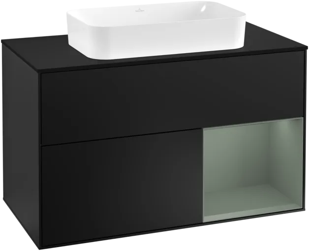 VILLEROY BOCH Toaletní skříňka Finion, s osvětlením, 2 výsuvy, 1000 x 603 x 501 mm, černý matný lak / olivový matný lak / černé matné sklo #F252GMPD