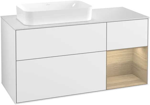VILLEROY BOCH Toaletní skříňka Finion, s osvětlením, 3 výsuvy, 1200 x 603 x 501 mm, lesklý bílý lak / dubová dýha / sklo bílé matné #F281PCGF