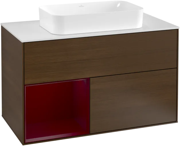 VILLEROY BOCH Toaletní skříňka Finion, s osvětlením, 2 výsuvy, 1000 x 603 x 501 mm, ořechová dýha / matný lak Pivoňka / matné bílé sklo #F241HBGN