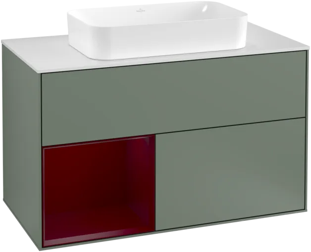 VILLEROY BOCH Toaletní skříňka Finion, s osvětlením, 2 výsuvy, 1000 x 603 x 501 mm, olivový matný lak / pivoňkový matný lak / bílé matné sklo #F241HBGM