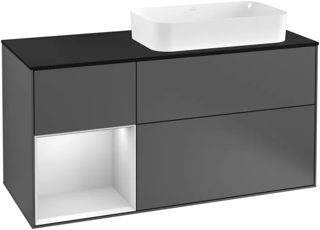 VILLEROY BOCH Toaletní skříňka Finion, s osvětlením, 3 výsuvy, 1200 x 603 x 501 mm, antracitový matný lak / bílý matný lak / černé matné sklo #F272MTGK