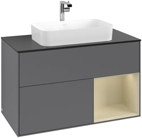 VILLEROY BOCH Toaletní skříňka Finion, s osvětlením, 2 výsuvy, 1000 x 603 x 501 mm, antracitový matný lak / hedvábně šedý matný lak / černé matné sklo #F252HJGK