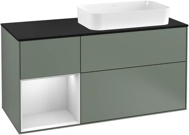 VILLEROY BOCH Toaletní skříňka Finion, s osvětlením, 3 výsuvy, 1200 x 603 x 501 mm, olivový matný lak / bílý matný lak / černé matné sklo #F272MTGM