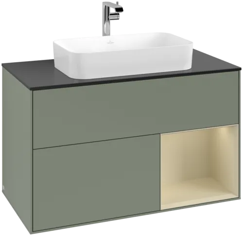 VILLEROY BOCH Toaletní skříňka Finion, s osvětlením, 2 výsuvy, 1000 x 603 x 501 mm, olivový matný lak / hedvábně šedý matný lak / černé matné sklo #F252HJGM