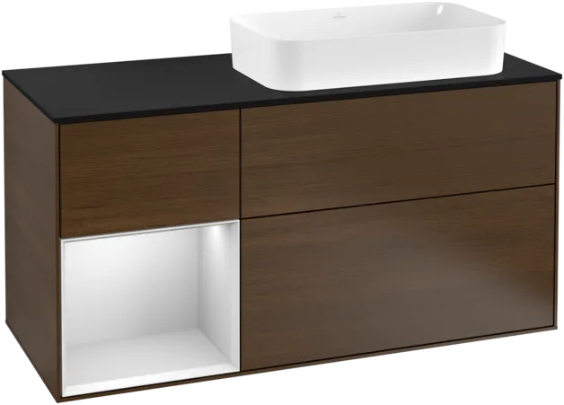 VILLEROY BOCH Toaletní skříňka Finion, s osvětlením, 3 výsuvy, 1200 x 603 x 501 mm, ořechová dýha / bílý matný lak / černé matné sklo #F272MTGN