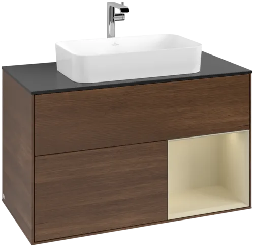 VILLEROY BOCH Toaletní stolek Finion, s osvětlením, 2 výsuvy, 1000 x 603 x 501 mm, ořechová dýha / hedvábně šedý matný lak / sklo černé matné #F252HJGN