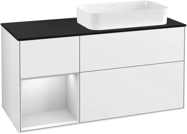 VILLEROY BOCH Toaletní skříňka Finion, s osvětlením, 3 výsuvy, 1200 x 603 x 501 mm, lesklý bílý lak / bílý matný lak / sklo černé matné #F272MTGF