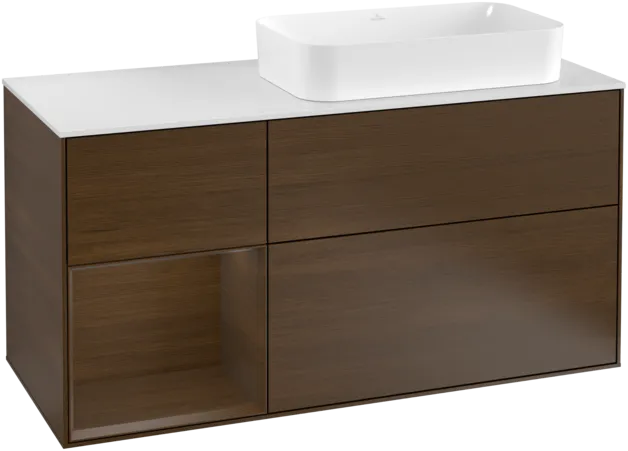 VILLEROY BOCH Toaletní skříňka Finion, s osvětlením, 3 výsuvy, 1200 x 603 x 501 mm, ořechová dýha / ořechová dýha / sklo bílé matné #F271GNGN