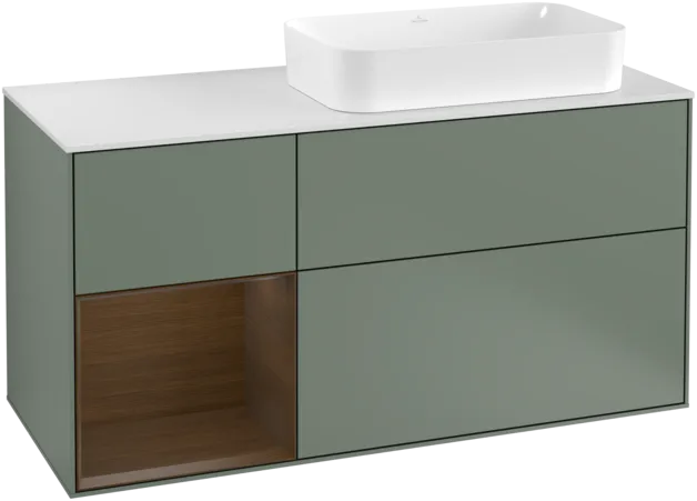 VILLEROY BOCH Toaletní skříňka Finion, s osvětlením, 3 výsuvy, 1200 x 603 x 501 mm, olivový matný lak / ořechová dýha / sklo bílé matné #F271GNGM