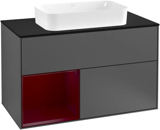 VILLEROY BOCH Toaletní skříňka Finion, s osvětlením, 2 výsuvy, 1000 x 603 x 501 mm, antracitový matný lak / pivoňkový matný lak / černé matné sklo #F242HBGK