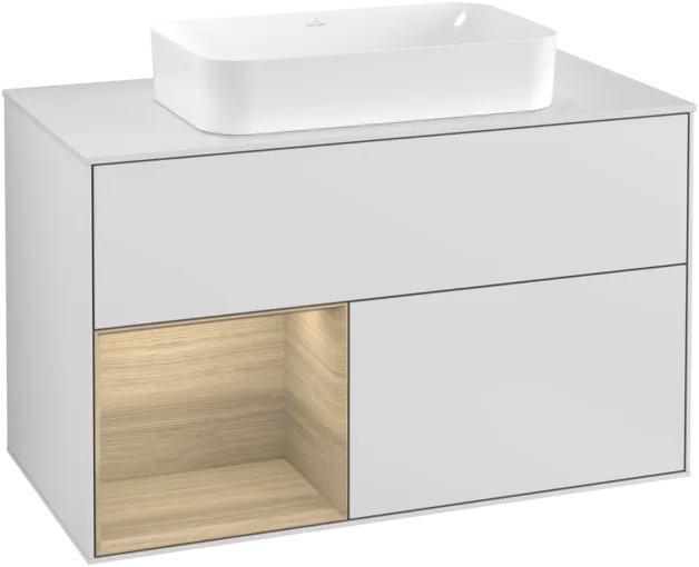 VILLEROY BOCH Toaletní skříňka Finion, s osvětlením, 2 výsuvy, 1000 x 603 x 501 mm, bílý matný lak / dubová dýha / sklo bílé matné #F241PCMT