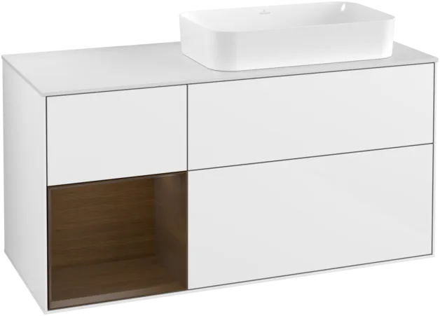 VILLEROY BOCH Toaletní skříňka Finion, s osvětlením, 3 výsuvy, 1200 x 603 x 501 mm, lesklý bílý lak / ořechová dýha / sklo bílé matné #F271GNGF