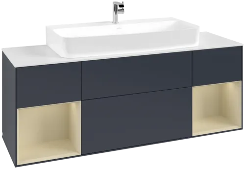 VILLEROY BOCH Toaletní skříňka Finion, s osvětlením, 4 výsuvy, 1600 x 603 x 501 mm, Midnight Blue Matt Lacquer / Silk Grey Matt Lacquer / Glass White Matt #F211HJHG