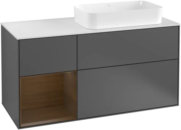 VILLEROY BOCH Toaletní skříňka Finion, s osvětlením, 3 výsuvy, 1200 x 603 x 501 mm, antracit matný lak / ořechová dýha / sklo bílé matné #F271GNGK