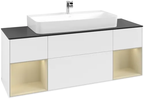 VILLEROY BOCH Toaletní skříňka Finion, s osvětlením, 4 výsuvy, 1600 x 603 x 501 mm, bílý matný lak / hedvábně šedý matný lak / černé matné sklo #F212HJMT