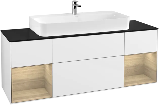 VILLEROY BOCH Toaletní skříňka Finion, s osvětlením, 4 výsuvy, 1600 x 603 x 501 mm, lesklý bílý lak / dubová dýha / černé matné sklo #F212PCGF