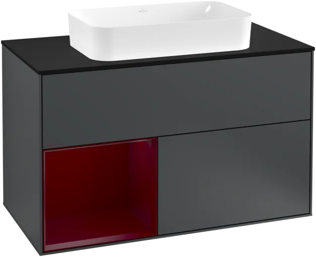 VILLEROY BOCH Toaletní skříňka Finion, s osvětlením, 2 výsuvy, 1000 x 603 x 501 mm, Midnight Blue Matt Lacquer / Peony Matt Lacquer / Glass Black Matt #F242HBHG