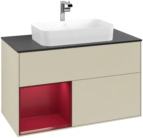VILLEROY BOCH Toaletní skříňka Finion, s osvětlením, 2 výsuvy, 1000 x 603 x 501 mm, Silk Grey Matt Lacquer / Peony Matt Lacquer / Glass Black Matt #F242HBHJ