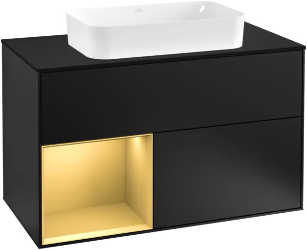 VILLEROY BOCH Toaletní skříňka Finion, s osvětlením, 2 výsuvy, 1000 x 603 x 501 mm, černý matný lak / zlatý matný lak / černé matné sklo #F242HFPD