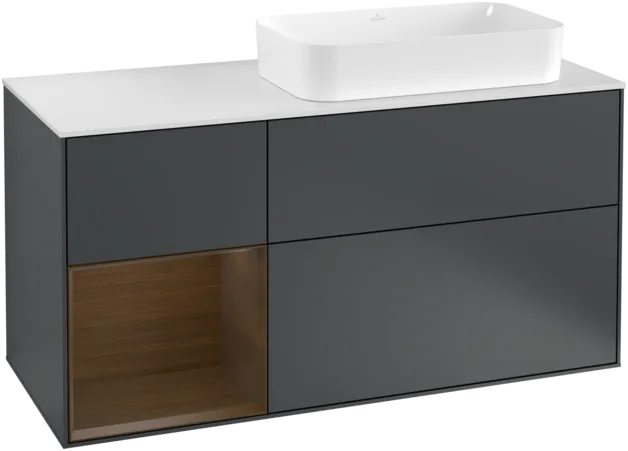 VILLEROY BOCH Toaletní skříňka Finion, s osvětlením, 3 výsuvy, 1200 x 603 x 501 mm, půlnočně modrý matný lak / ořechová dýha / bílé matné sklo #F271GNHG
