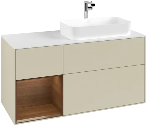 VILLEROY BOCH Toaletní skříňka Finion, s osvětlením, 3 výsuvy, 1200 x 603 x 501 mm, hedvábně šedý matný lak / ořechová dýha / sklo bílé matné #F271GNHJ