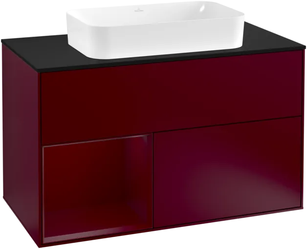VILLEROY BOCH Toaletní skříňka Finion, s osvětlením, 2 výsuvy, 1000 x 603 x 501 mm, Peony Matt Lacquer / Peony Matt Lacquer / Glass Black Matt #F242HBHB