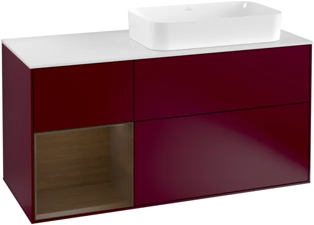 VILLEROY BOCH Toaletní skříňka Finion, s osvětlením, 3 výsuvy, 1200 x 603 x 501 mm, matný lak Peony / ořechová dýha / bílé matné sklo #F271GNHB
