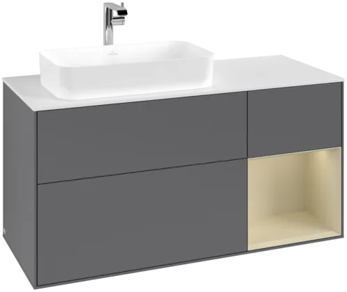 VILLEROY BOCH Toaletní skříňka Finion, s osvětlením, 3 výsuvy, 1200 x 603 x 501 mm, antracitový matný lak / hedvábně šedý matný lak / bílé matné sklo #F281HJGK