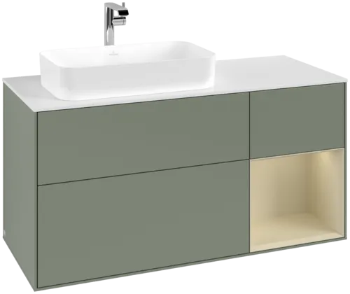 VILLEROY BOCH Toaletní skříňka Finion, s osvětlením, 3 výsuvy, 1200 x 603 x 501 mm, olivový matný lak / hedvábně šedý matný lak / bílé matné sklo #F281HJGM