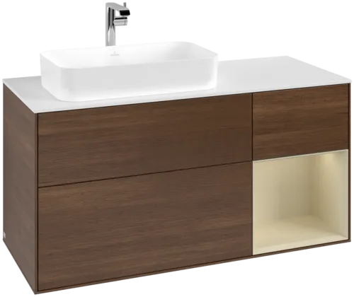 VILLEROY BOCH Toaletní skříňka Finion, s osvětlením, 3 výsuvy, 1200 x 603 x 501 mm, ořechová dýha / hedvábně šedý matný lak / sklo bílé matné #F281HJGN