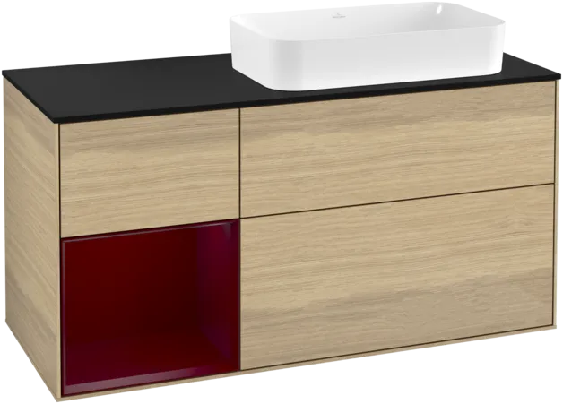 VILLEROY BOCH Toaletní skříňka Finion, s osvětlením, 3 výsuvy, 1200 x 603 x 501 mm, dubová dýha / matný lak Pivoňka / matné černé sklo #F272HBPC