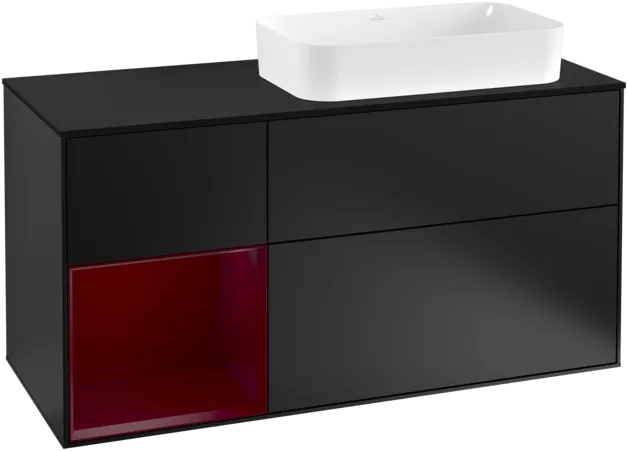 VILLEROY BOCH Toaletní skříňka Finion, s osvětlením, 3 výsuvy, 1200 x 603 x 501 mm, černý matný lak / pivoňkový matný lak / černé matné sklo #F272HBPD