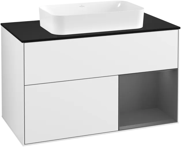 VILLEROY BOCH Toaletní skříňka Finion, s osvětlením, 2 výsuvy, 1000 x 603 x 501 mm, lesklý bílý lak / antracitový matný lak / černé matné sklo #F252GKGF